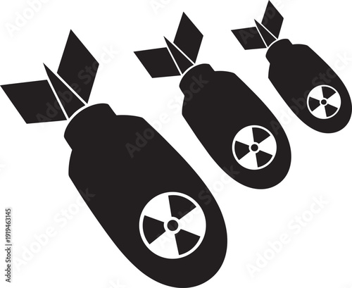 Three black silhouettes of atomic bombs with radiation symbols