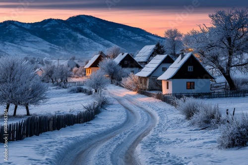 Winter twilight embraces a serene village landscape
