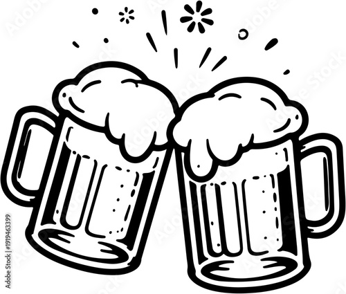 Cheers beer mugs illustration with clinking glasses and foam splash festive celebration icon