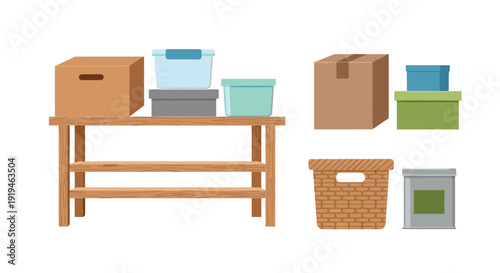 Assortment of cardboard boxes, plastic containers, a wooden shelf, and a woven basket for home storage organization.