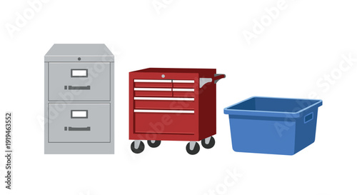 Industrial storage solutions including a filing cabinet, a red mobile tool chest, and a blue plastic tub.