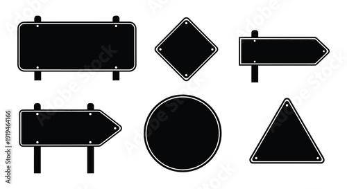Collection of black road sign shapes and geometric forms a striking silhouette