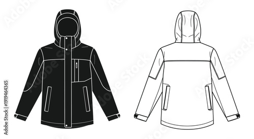 Technical hooded jacket design front and back views black and white silhouette