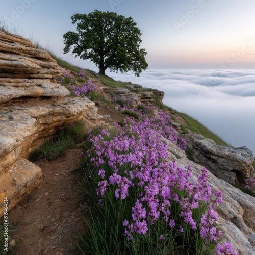 Stunning spring blooms atop a misty cliffside view
