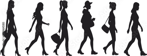 Silhouette of diverse women walking in a row carrying bags and wearing various fashion styles for urban lifestyle and commerce