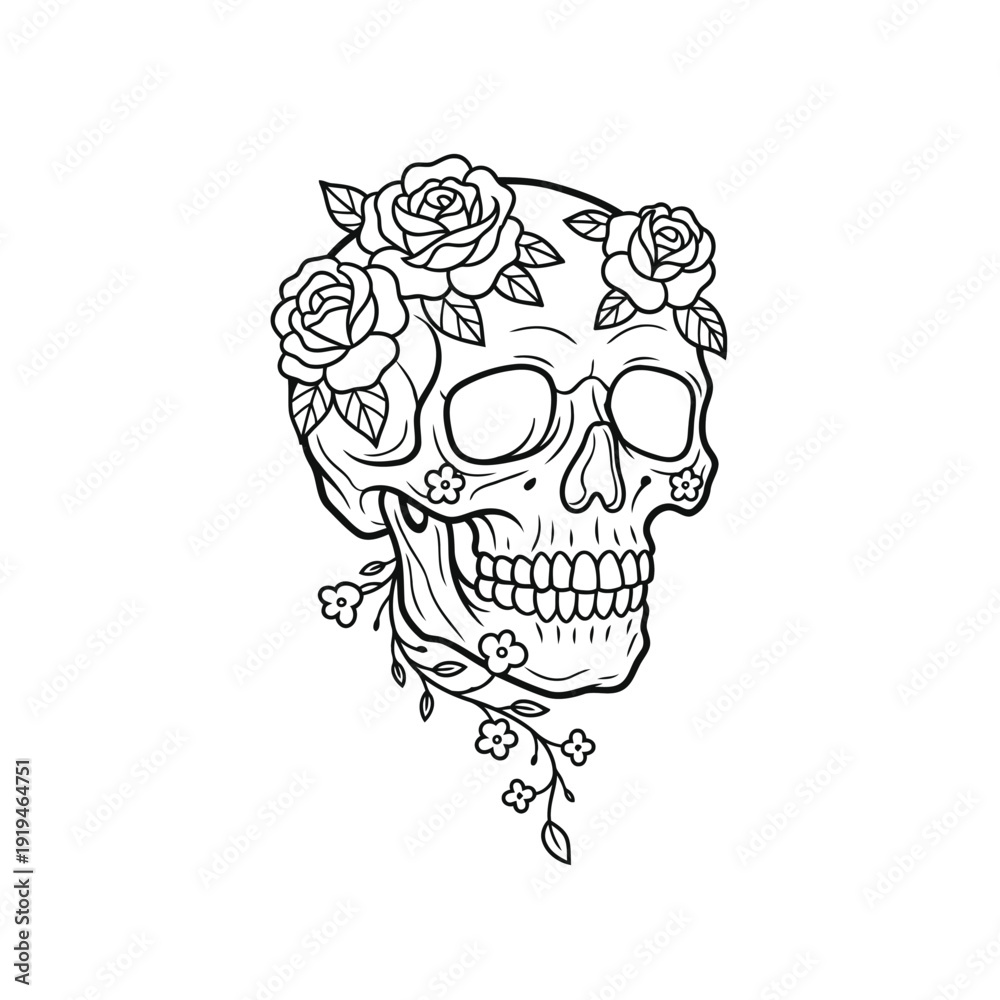 Obraz premium Floral Skull Illustration: An artistic illustration of a human skull adorned with blooming roses, showcasing a fusion of life and death, beauty and mortality.