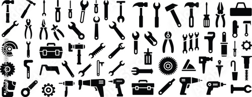 Hand tools icon collection, construction repair and maintenance equipment silhouettes for mechanic workshop industrial engineering and hardware design vector set