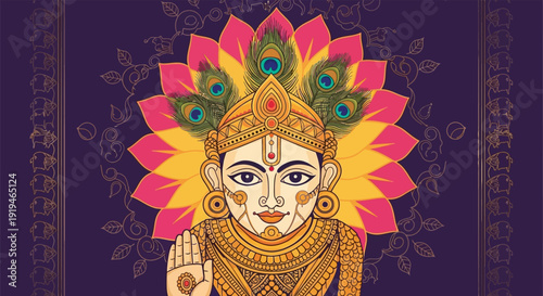 Indian deity with peacock feathers and ornaments on purple background.