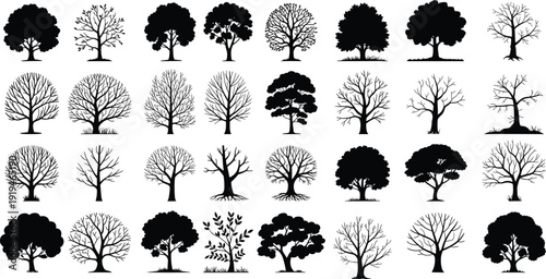 Large collection of tree silhouettes isolated on white background, mixed forest nature illustration for landscape design vector clipart bundle