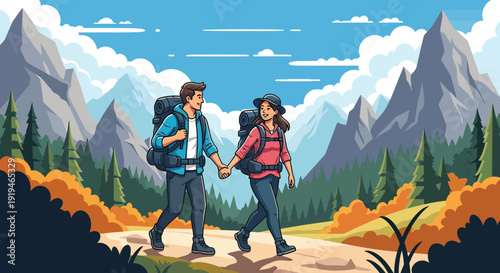 Couple Hiking in Majestic Mountain Landscape