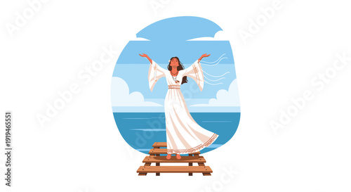 Serene woman in a long white dress with arms raised, standing on wooden planks by the blue sea under a cloudy sky.
