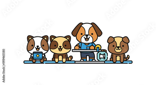 Cute Cartoon Dogs Engaging in Digital and Collaborative Everyday Activities Vector Art
