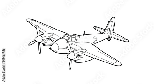 Classic World War II British Twin Engine Propeller Airplane Line Art Illustration