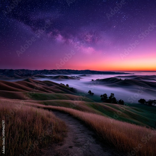 Sunrise over rolling hills beneath a starry sky