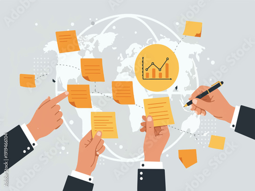 Business people hands with sticky notes and pen analyzing global data and statistics on world map