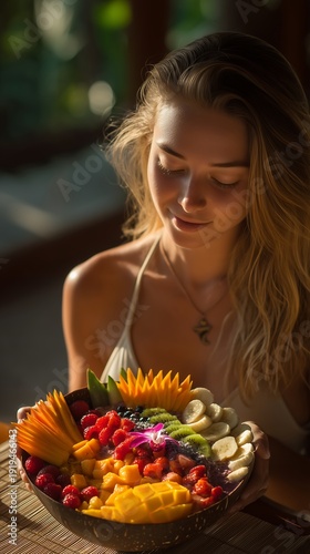 A smiling young woman holds a bowl of fresh summer fruit.