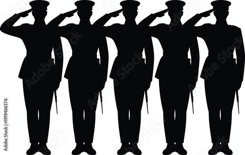 Silhouette of soldiers saluting in uniform formation, military parade honor guard black and white vector illustration isolated on white background