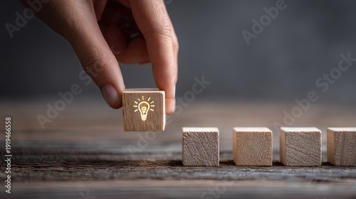Human hand positions a wooden block marked with a glowing illumination symbol among several plain blocks on a textured surface.