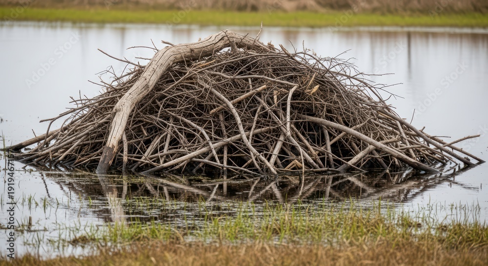 Fototapeta premium Large beaver lodge constructed from branches on tranquil water with surrounding vegetation in natural wildlife habitat