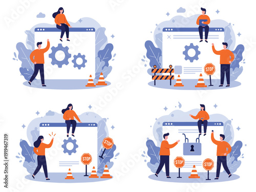 Cartoon people interacting with large browser windows and gears and road barriers  web design concept