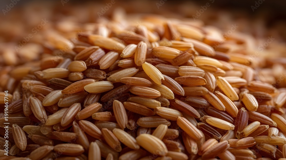 Obraz premium Close up of uncooked brown rice grains showcasing texture and natural tones with shallow depth of field