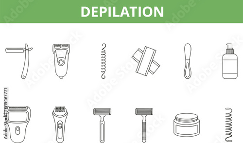 Depilation icons, razors, electric shavers, epilators, wax strips, hair removal cream, grooming tools, cosmetic care, hygiene products, beauty design, vector illustration