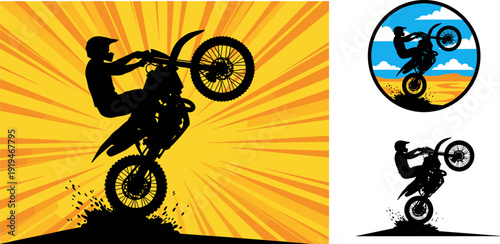 Dirt bike wheelie, motocross rider, dynamic silhouette, colorful background, desert landscape, helmet safety, extreme sport, adventure design, vector illustration, energetic motion