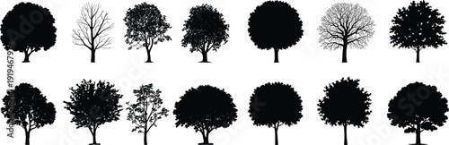 Tree silhouette collection set, detailed forest canopy shapes, isolated black botanical illustration, diverse foliage design elements for landscape projects