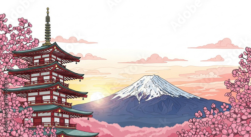 Traditional japanese pagoda with cherry blossoms and mount fuji at sunrise serene landscape with pink blooms and snow capped mountain
