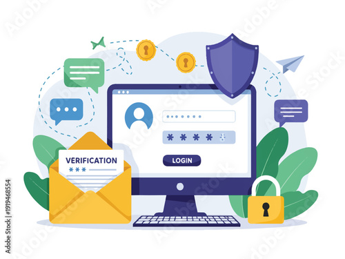 Computer with login screen and security symbols around it  verification email in envelope  online safety concept