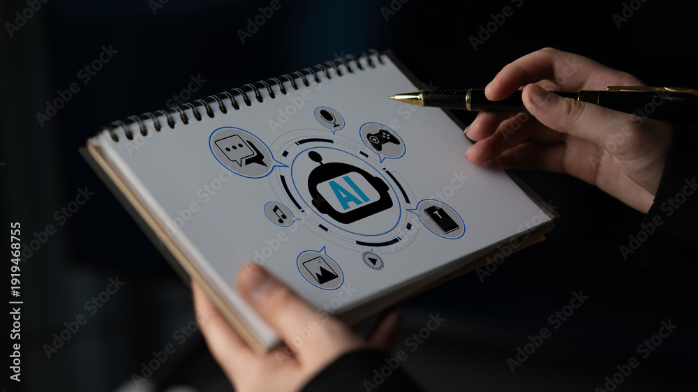 Αυτοκόλλητο Conceptual Illustration of Artificial Intelligence with Diverse Applications and Technology Elements in a Notebook by a Creative Individual Quark