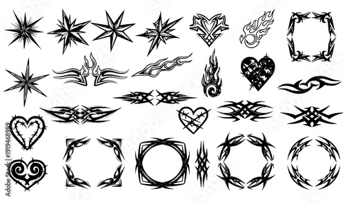 Tableau sur toile Neo Tribal Y2K Frames, Fire and Heart Shapes – Hand Drawn Tattoo Vector Collecti