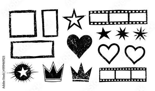 Hand Drawn Grunge Torn Paper, Film Strip, and Jagged Shapes – Heart, Star, Crown Vector Elements