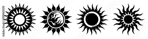 Black and white sunburst icons set with rays and swirls vector illustration for design and decoration