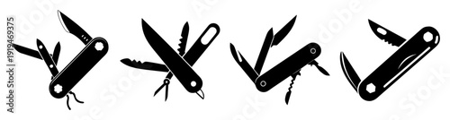Set of black and silver Swiss army knives open and closed isolated on white background for travel camping survival tools