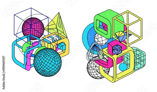 Psychedelic Techno Brutalist 3D Geometric Shapes – Abstract Vector Set