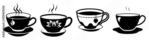 Four black and white steaming tea cups illustration set minimalist hot beverage icons vector design