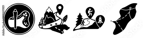 Black and white trail hiking markers icons set with arrows compass direction symbols for outdoor navigation adventure travel