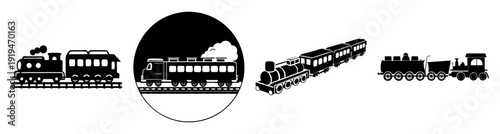 Vintage toy train set with steam locomotive and passenger cars on circular track isolated on white background