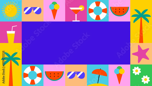 Foto Frame with summer geometric, minimalist, beach and tropical icons, simple shapes