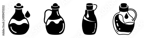 Set of four black and white ceramic water jugs with stoppers minimalist vector illustration isolated on white background