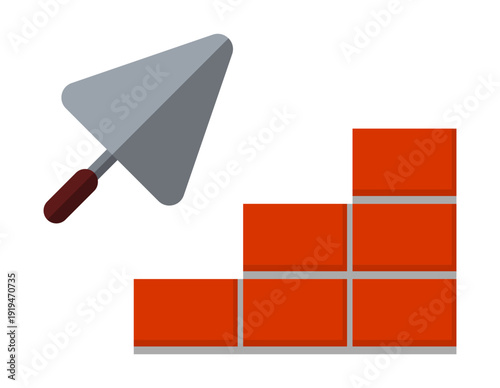Trowel and brick wall construction icon.