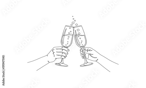 Continuous line champagne cheers one line art, continuous drawing contour one line vector illustration with out background