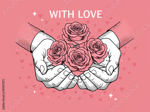 Hands holding bouquet of pink roses with hearts and love text on pink background  romantic gesture