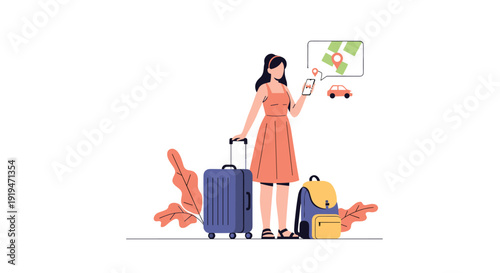 A woman stands next to her blue suitcase and yellow backpack, using a smartphone for navigation, with travel icons and plants on a white background.