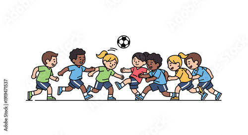 A group of diverse young children joyfully chase and kick a soccer ball together during an energetic game on a pristine white background.