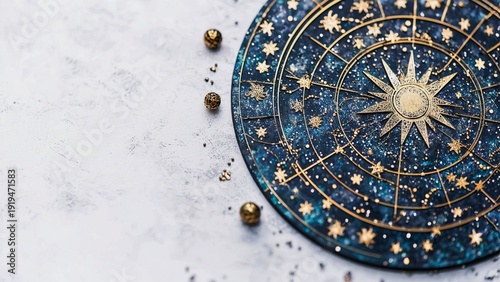 Intricate zodiac wheel design with gold accents and cosmic elements 