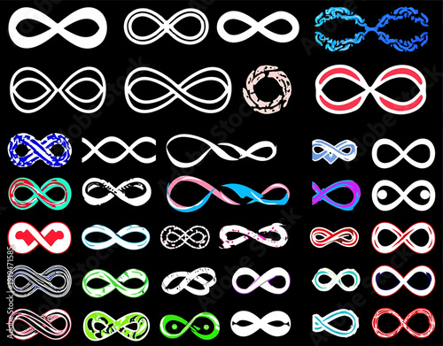 Infinity symbol vector set with colorful designs abstract loops icons unique styles limitless eternity timeless pattern vibrant illustrations modern graphics creative