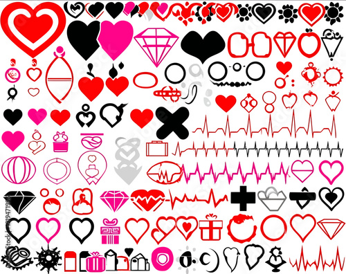 vector set of Valentine Day graphic elements including heart symbols wedding rings diamond icons gifts and heartbeat lines for romantic designs and love themes