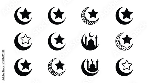 Collection of 12 minimalist black vector crescent moon and star symbols various designs isolated on white background ideal for cultural and religious themes